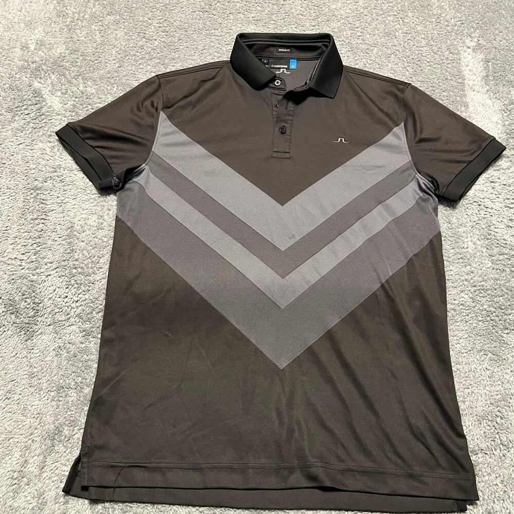 J.Lindeberg Polo Shirt Mens Medium Ace Regular Fit TX Jacquard Black Gray Golf